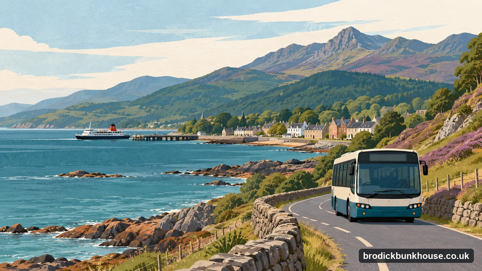 Illustration of a single-deck bus on Arran's coast road with the sea on one side and hills on the other