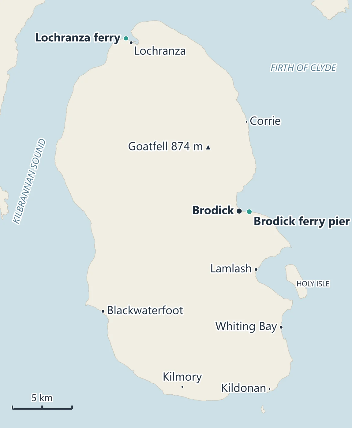 Map of Arran's villages with places to stay: Brodick, Lamlash, Whiting Bay, Kildonan, Kilmory, Blackwaterfoot, Lochranza and Corrie