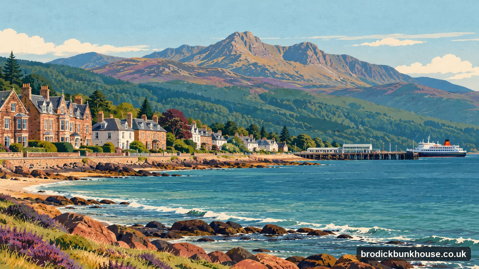 Illustration of Brodick's Shore Road with a row of stone guest houses facing the bay and Goatfell behind