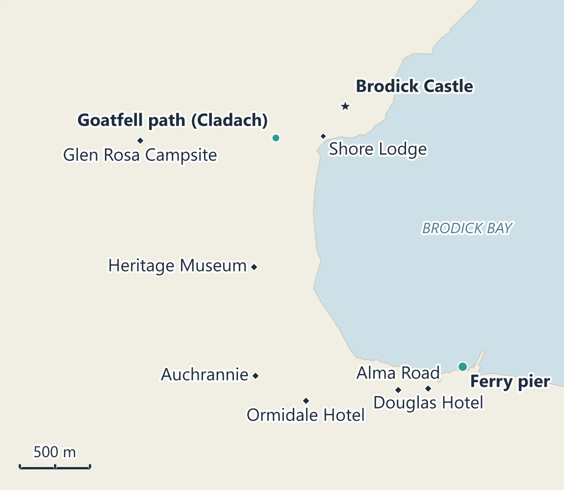 Map of Brodick village with the ferry pier, Alma Road, the Douglas Hotel, the Ormidale Hotel, Auchrannie, Glen Rosa Campsite and Brodick Castle