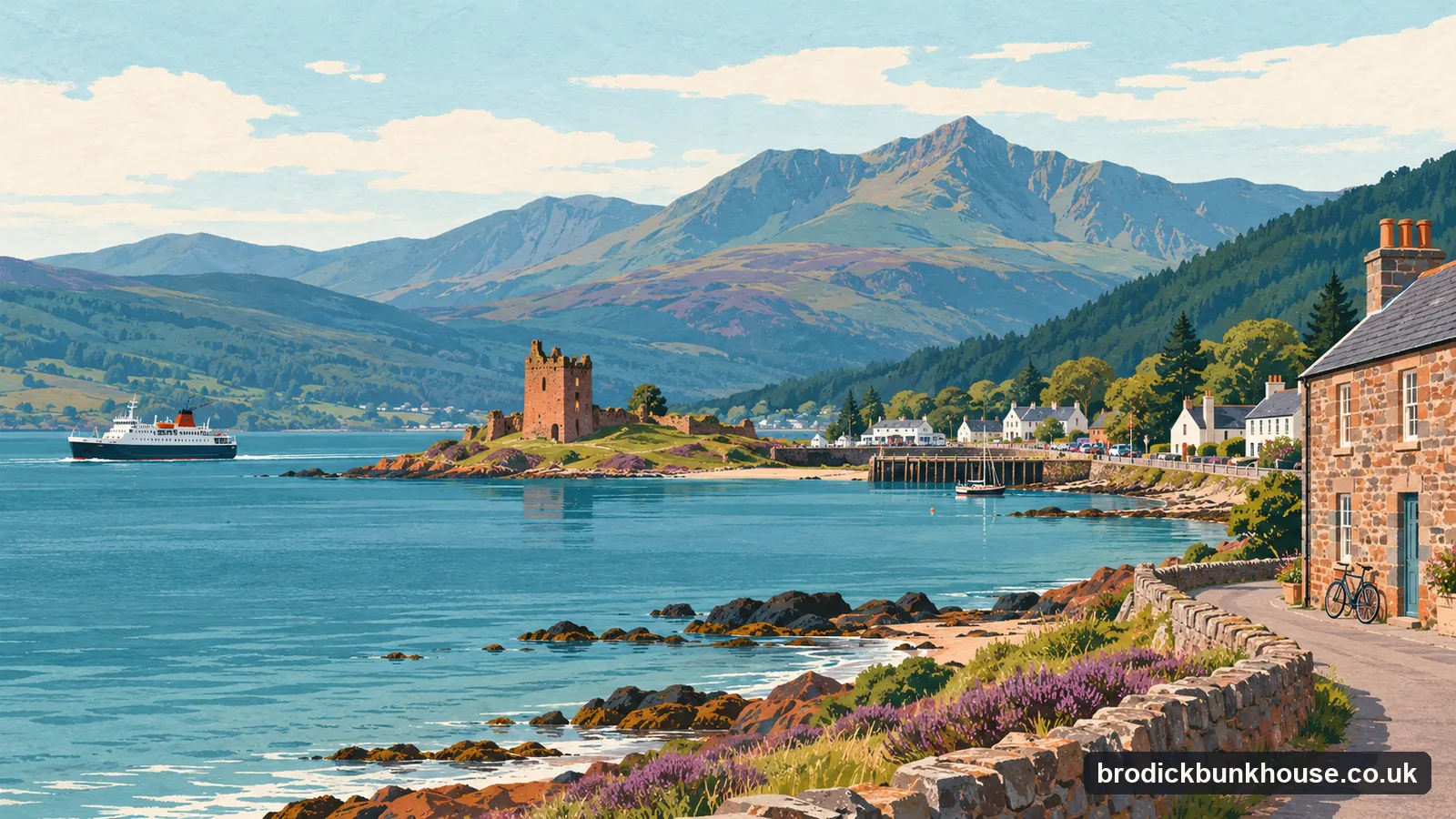 Illustration of Lochranza village by its sea loch, with the castle ruin and the hills behind