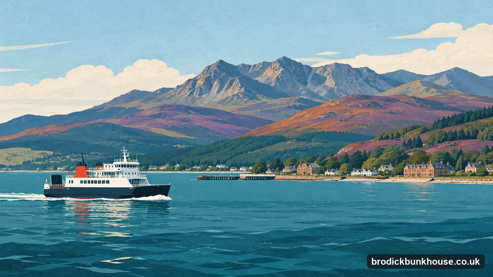 Illustration of the Isle of Arran seen from the sea, mountains in the north and low hills in the south